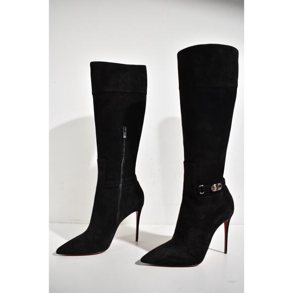 Christian Louboutin Lock Kate Botta 100 Black Suede Knee High Heel Boot 40.5 - Picture 10 of 12